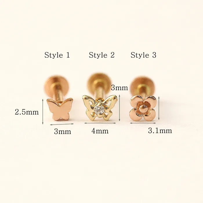 MinimalBijoux PreStyled Sets 14K Gold Mini Butterfly Flower Internally Threaded Labret Piercing 18G16G