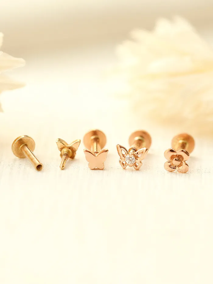 MinimalBijoux PreStyled Sets 14K Gold Mini Butterfly Flower Internally Threaded Labret Piercing 18G16G