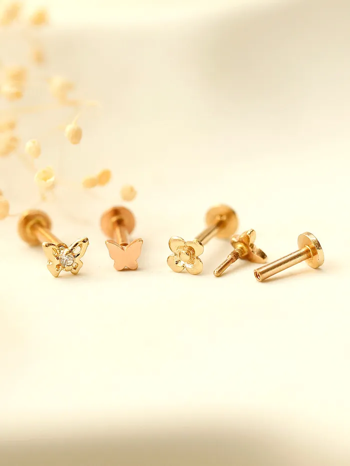 MinimalBijoux PreStyled Sets 14K Gold Mini Butterfly Flower Internally Threaded Labret Piercing 18G16G
