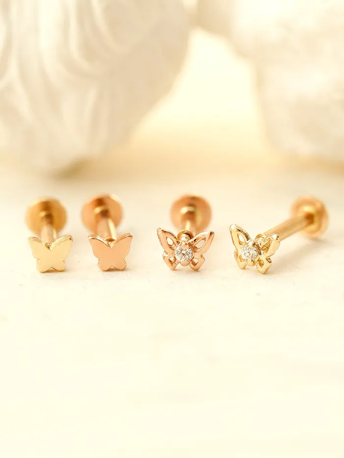 MinimalBijoux PreStyled Sets 14K Gold Mini Butterfly Flower Internally Threaded Labret Piercing 18G16G