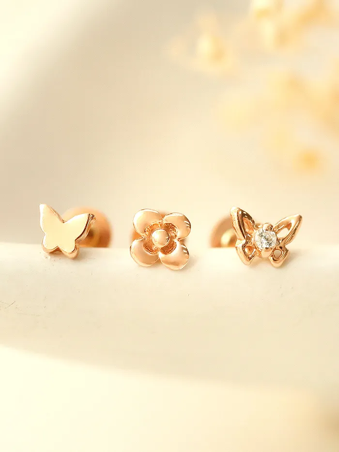 MinimalBijoux PreStyled Sets 14K Gold Mini Butterfly Flower Internally Threaded Labret Piercing 18G16G