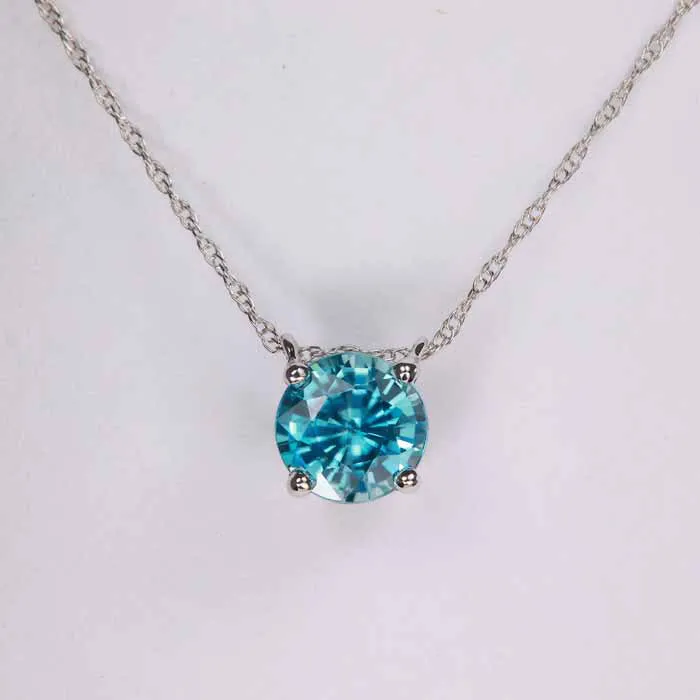 Moriartys Gem Art Necklaces 14K White Gold Round Blue Zircon Necklace 150ct