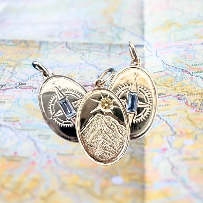 Necklaces Anueva Jewelry Hand Engraved Mountain Compass Charms with Montana Sapphires for Necklace Necklaces Anueva Jewelry Hand Engraved Mountain Compass Charms with Montana Sapphires for Necklace