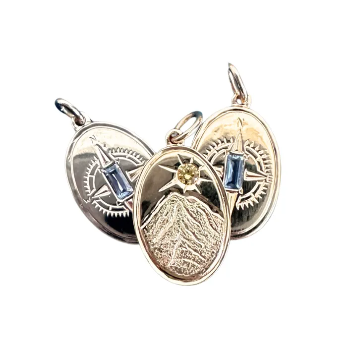 Necklaces Anueva Jewelry Hand Engraved Mountain Compass Charms with Montana Sapphires for Necklace
