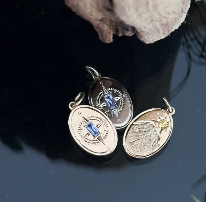 Necklaces Anueva Jewelry Hand Engraved Mountain Compass Charms with Montana Sapphires for Necklace
