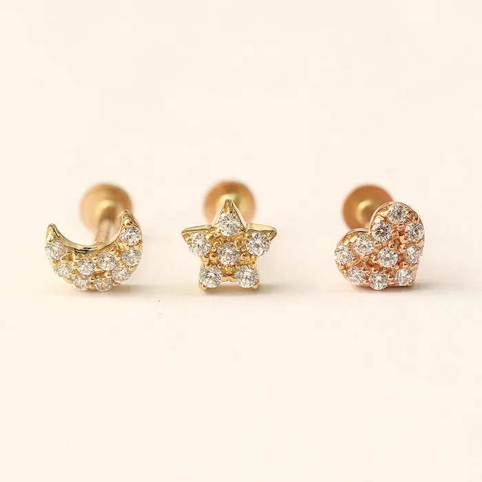 Necklaces MinimalBijoux 14K Gold CZ Volume Moon Star Heart Internally Threaded Labret Piercing 18G16G