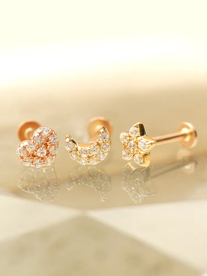 Necklaces MinimalBijoux 14K Gold CZ Volume Moon Star Heart Internally Threaded Labret Piercing 18G16G