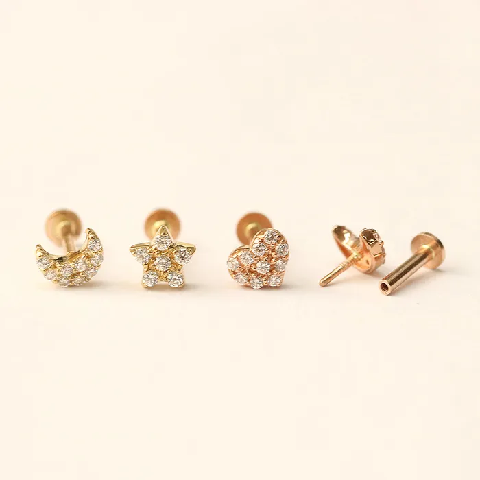 Necklaces MinimalBijoux 14K Gold CZ Volume Moon Star Heart Internally Threaded Labret Piercing 18G16G
