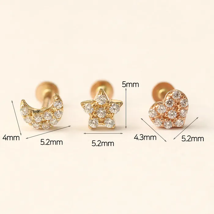 Necklaces MinimalBijoux 14K Gold CZ Volume Moon Star Heart Internally Threaded Labret Piercing 18G16G
