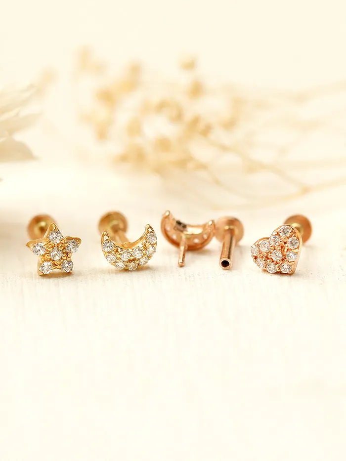 Necklaces MinimalBijoux 14K Gold CZ Volume Moon Star Heart Internally Threaded Labret Piercing 18G16G