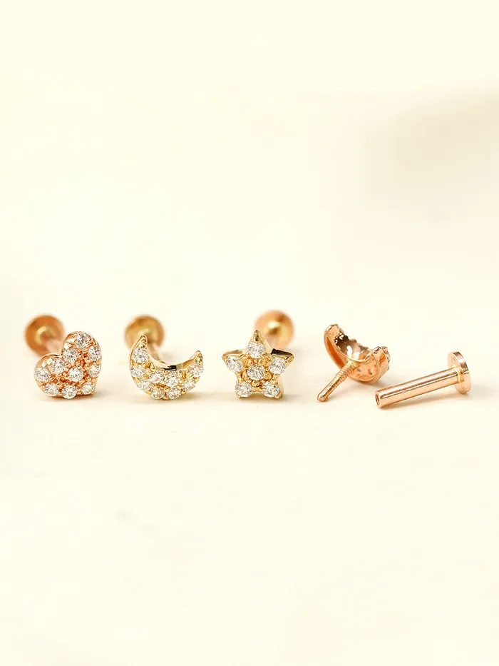 Necklaces MinimalBijoux 14K Gold CZ Volume Moon Star Heart Internally Threaded Labret Piercing 18G16G