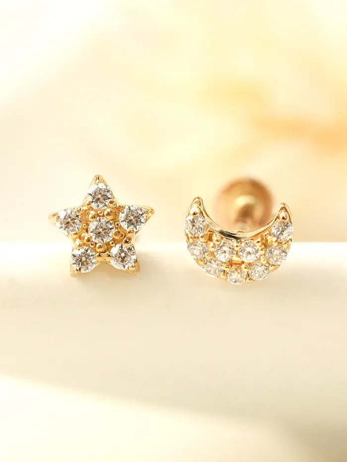 Necklaces MinimalBijoux 14K Gold CZ Volume Moon Star Heart Internally Threaded Labret Piercing 18G16G