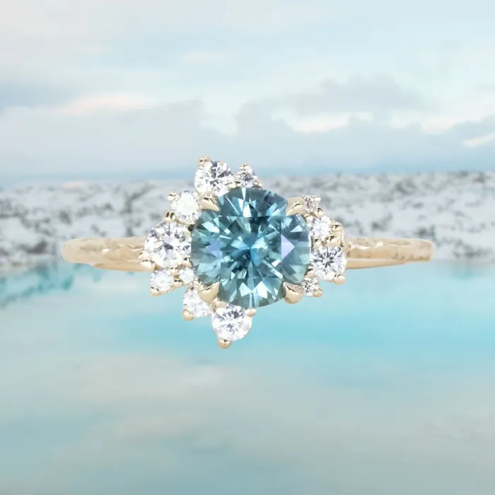potentate 129ct Blue Montana Sapphire and Diamond Asymmetrical Cluster Ring in 14k Yellow Gold with Evergreen finish Rings potentate 129ct Blue Montana Sapphire and Diamond Asymmetrical Cluster Ring in 14k Yellow Gold with Evergreen finish Rings