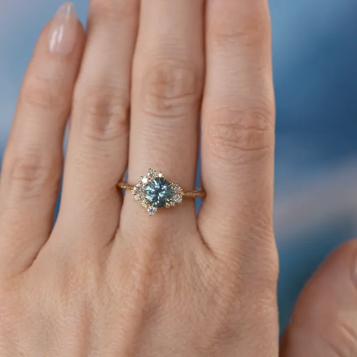 potentate 129ct Blue Montana Sapphire and Diamond Asymmetrical Cluster Ring in 14k Yellow Gold with Evergreen finish Rings