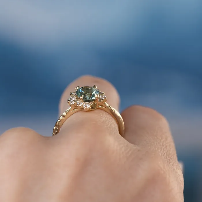 potentate 129ct Blue Montana Sapphire and Diamond Asymmetrical Cluster Ring in 14k Yellow Gold with Evergreen finish Rings