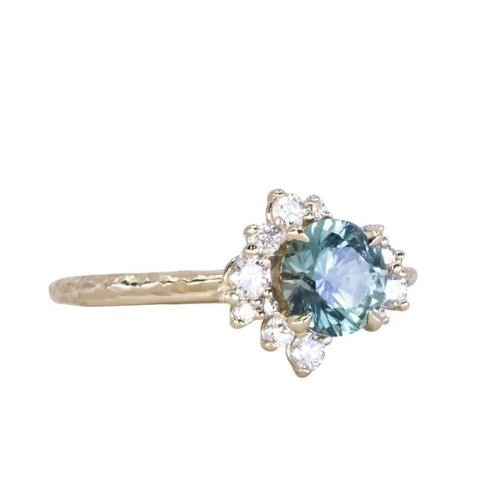 potentate 129ct Blue Montana Sapphire and Diamond Asymmetrical Cluster Ring in 14k Yellow Gold with Evergreen finish Rings
