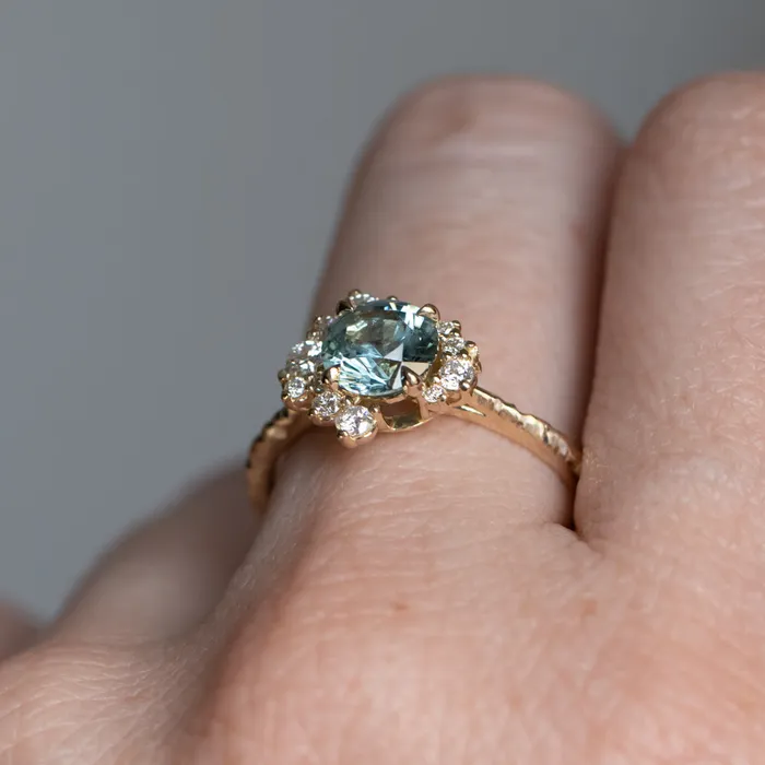 potentate 129ct Blue Montana Sapphire and Diamond Asymmetrical Cluster Ring in 14k Yellow Gold with Evergreen finish Rings