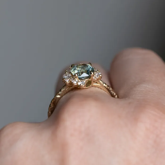 potentate 129ct Blue Montana Sapphire and Diamond Asymmetrical Cluster Ring in 14k Yellow Gold with Evergreen finish Rings