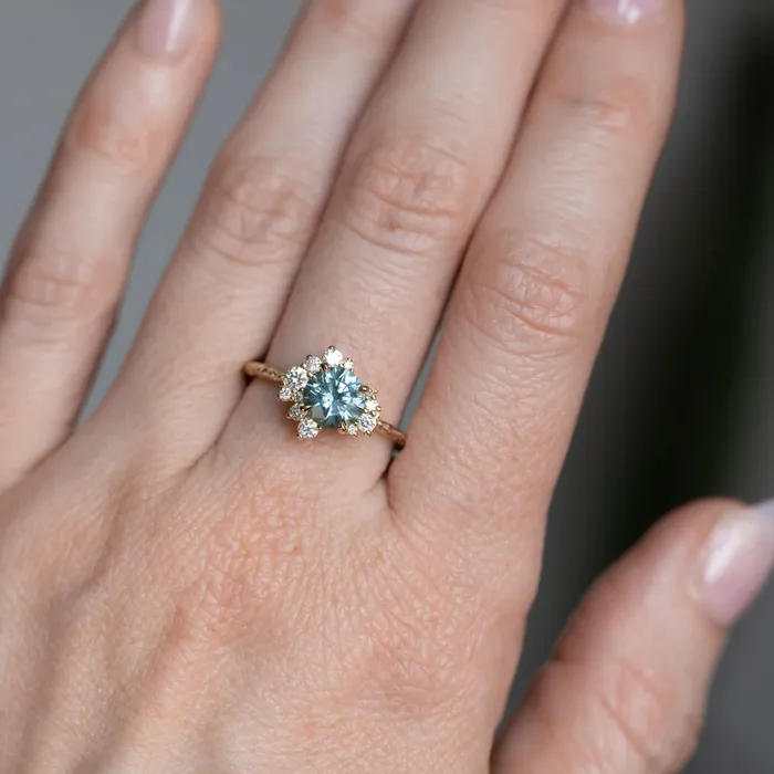 potentate 129ct Blue Montana Sapphire and Diamond Asymmetrical Cluster Ring in 14k Yellow Gold with Evergreen finish Rings