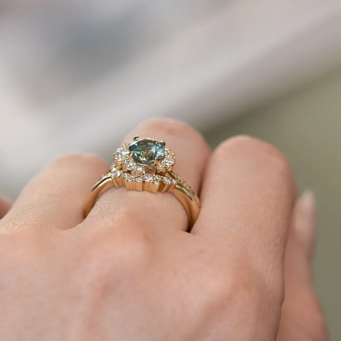 potentate 129ct Blue Montana Sapphire and Diamond Asymmetrical Cluster Ring in 14k Yellow Gold with Evergreen finish Rings