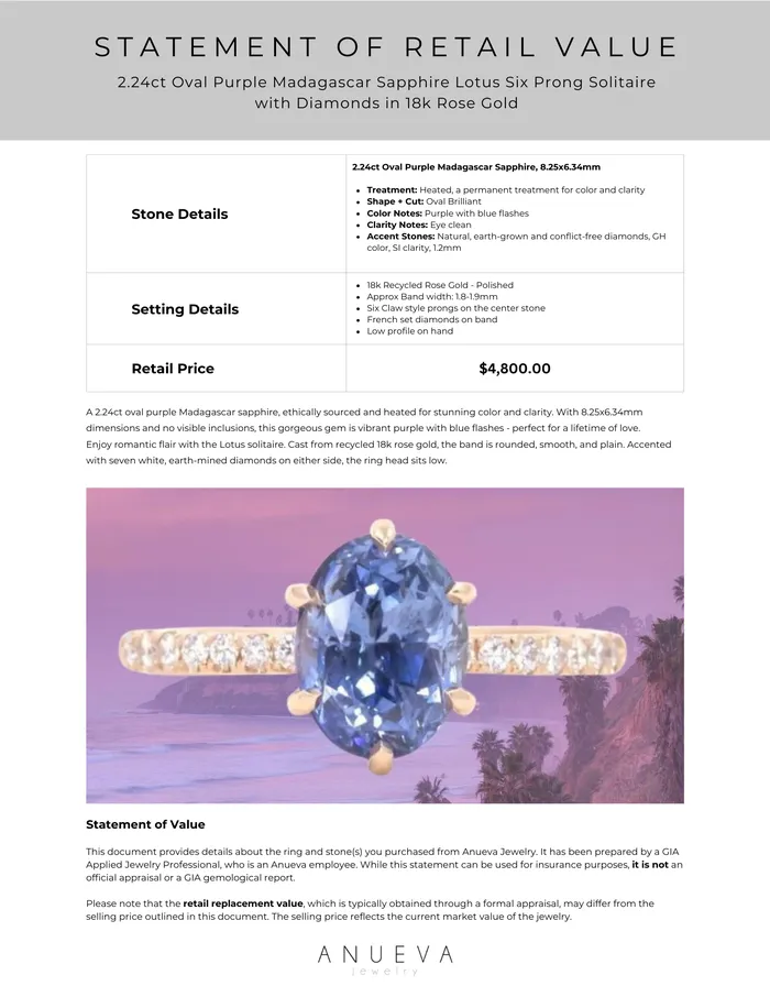 PreStyled Sets 224ct Oval Purple Madagascar Sapphire Lotus Six Prong Solitaire with Diamonds in 18k Rose Gold Anueva Jewelry