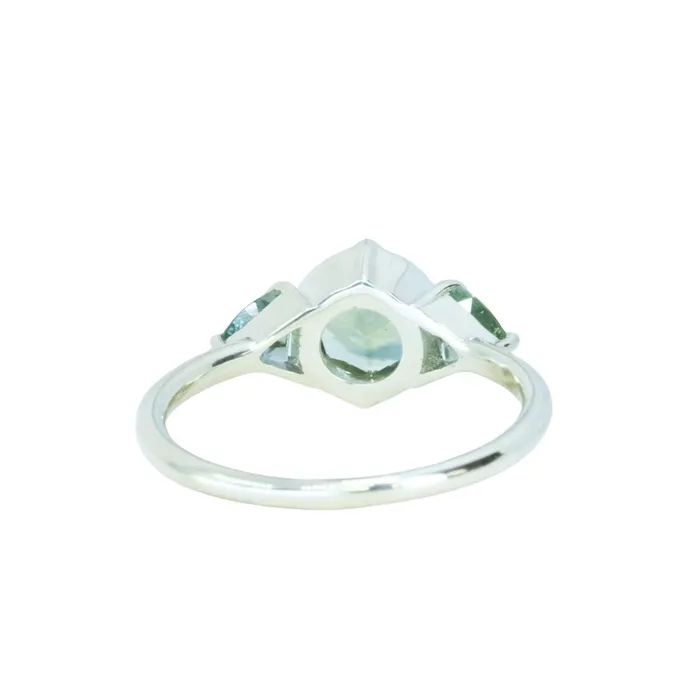 Rings Anueva Jewelry 128ct Round Parti Teal Green Untreated Montana Sapphire and Trillion Parti Sapphire Low Profile Ring in 14k Green Gold