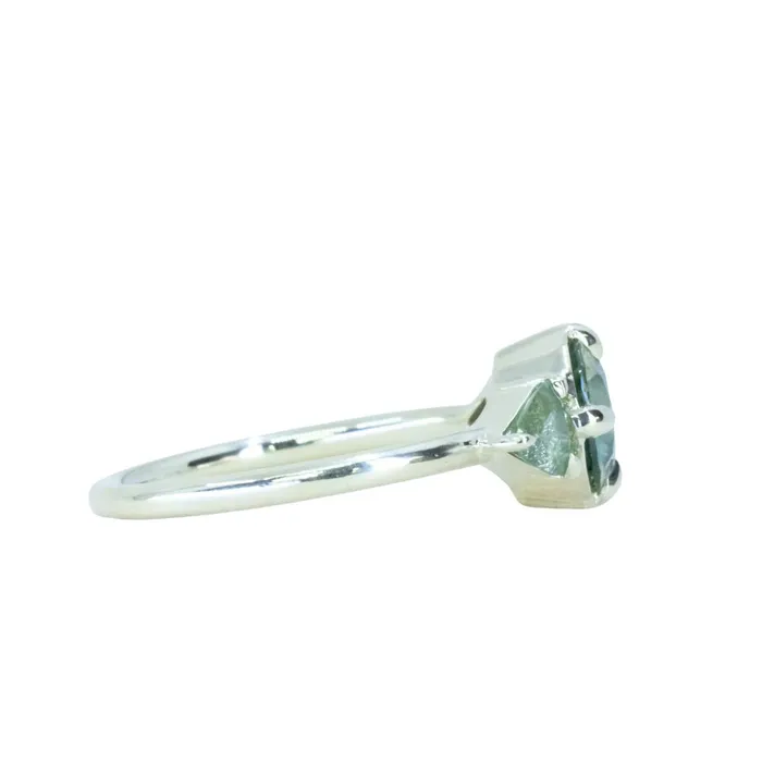 Rings Anueva Jewelry 128ct Round Parti Teal Green Untreated Montana Sapphire and Trillion Parti Sapphire Low Profile Ring in 14k Green Gold