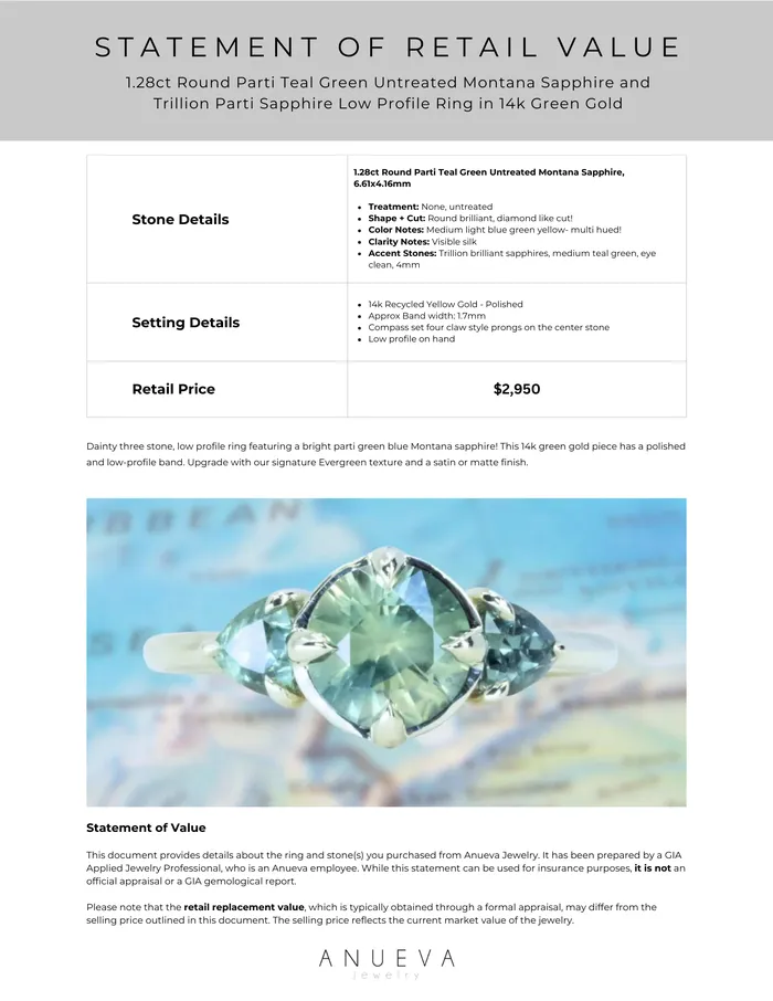 Rings Anueva Jewelry 128ct Round Parti Teal Green Untreated Montana Sapphire and Trillion Parti Sapphire Low Profile Ring in 14k Green Gold