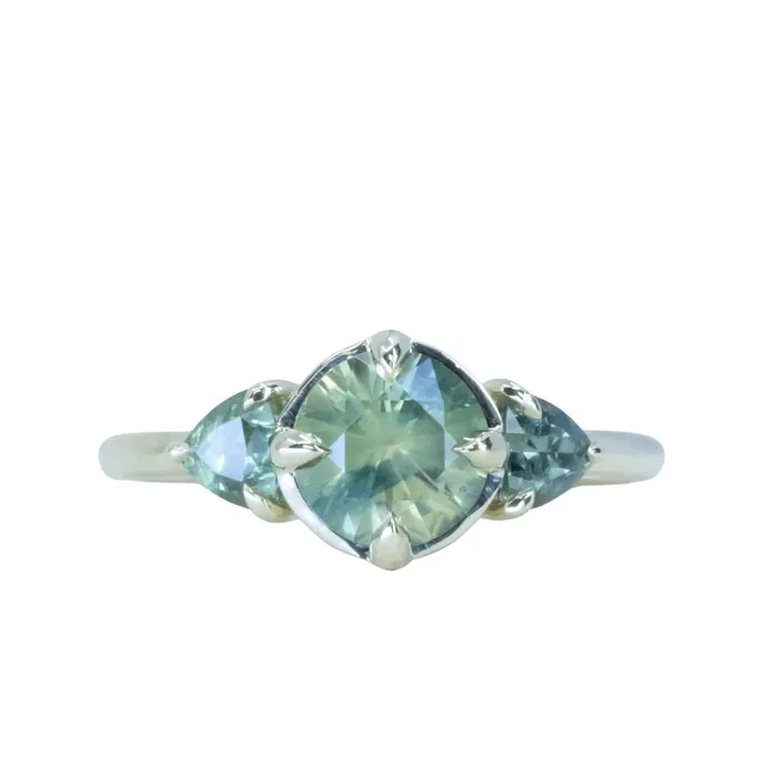 Rings Anueva Jewelry 128ct Round Parti Teal Green Untreated Montana Sapphire and Trillion Parti Sapphire Low Profile Ring in 14k Green Gold