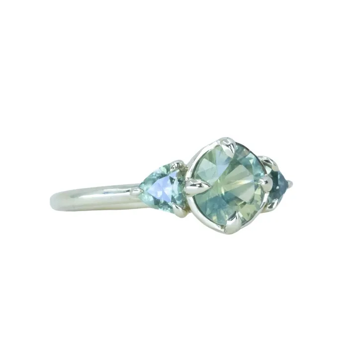 Rings Anueva Jewelry 128ct Round Parti Teal Green Untreated Montana Sapphire and Trillion Parti Sapphire Low Profile Ring in 14k Green Gold