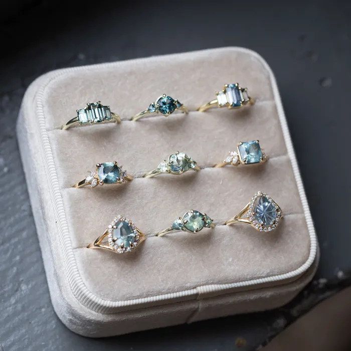 Rings Anueva Jewelry 128ct Round Parti Teal Green Untreated Montana Sapphire and Trillion Parti Sapphire Low Profile Ring in 14k Green Gold