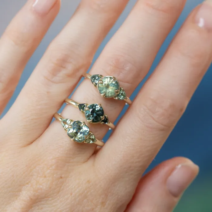 Rings Anueva Jewelry 128ct Round Parti Teal Green Untreated Montana Sapphire and Trillion Parti Sapphire Low Profile Ring in 14k Green Gold