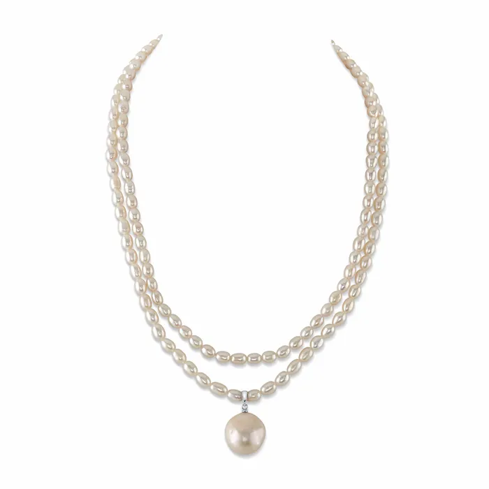 SPT Necklaces 4550mm Oval White Freshwater Pearl Double Strand Necklace