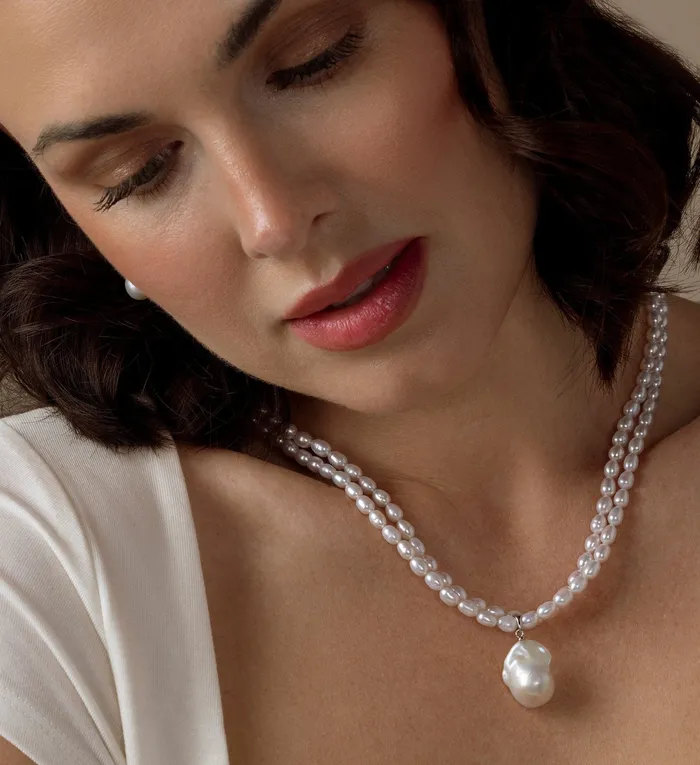 SPT Necklaces 4550mm Oval White Freshwater Pearl Double Strand Necklace SPT Necklaces 4550mm Oval White Freshwater Pearl Double Strand Necklace