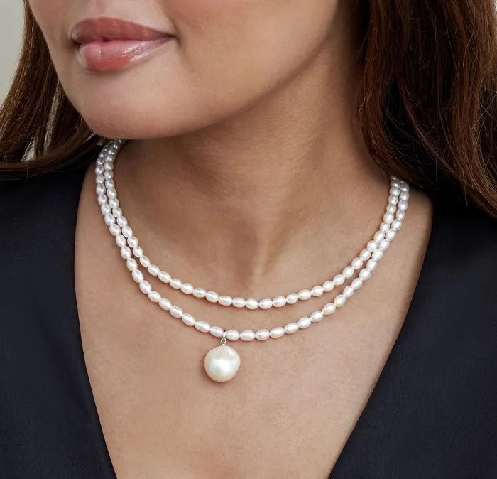 SPT Necklaces 4550mm Oval White Freshwater Pearl Double Strand Necklace SPT Necklaces 4550mm Oval White Freshwater Pearl Double Strand Necklace