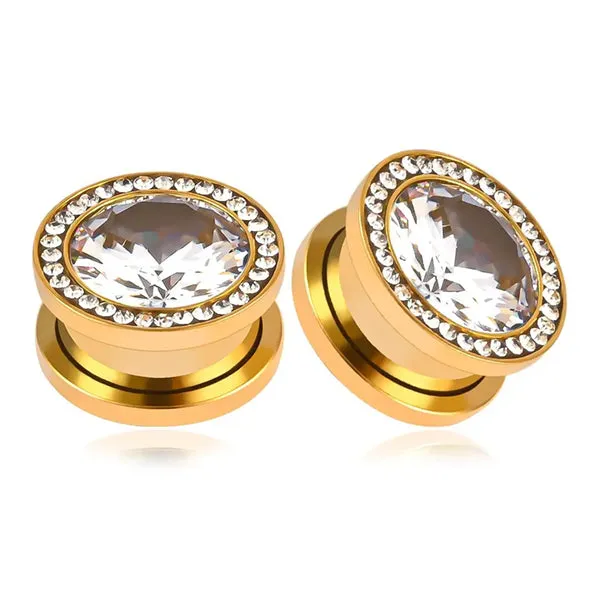 Tulsa Body Jewelry Earrings Double CZ Gold ScrewOn Plugs